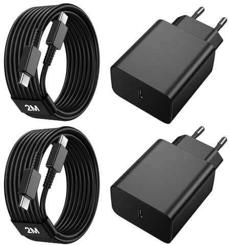 45W Chargeur USB C Charge Rapide, 2 Pack USBC Secteur et Câble 2M pour Samsung Galaxy S25/S24/S23/S22/S21 Ultra/S20/S20+/Note 20/10/9/8/A73/A53/A52 Adaptateur Type C Mural Alimentation Prise Secteur