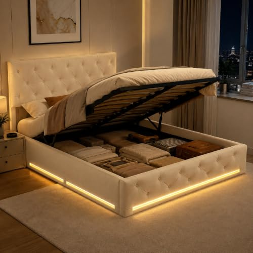 TITA-DONG Polsterbett 140x200cm mit Stauraum und bettkasten, LED Doppelbett mit Großer Stauraum und höhenverstellbar Kopfteil, Jugendbett Stauraumbett, Ohne Matratze, Beige