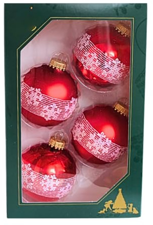 Dekohelden24 Lauschaer Christbaumschmuck - 4er Set Kugeln, Christbaumkugeln Lauscha, Glaskugeln, Weihnachtsbaumkugeln im Schneekristalldesign in Rot, aus Lauscha 7 cm, mit goldenem Krönchen.