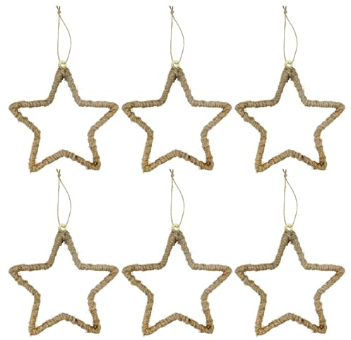 Nordic Twine Star Christmas Decorations – Set of 6 Rustic Rope Hanging Star Ornaments for Christmas Tree, Fireplace, Wreaths & Garlands – Lightweight & Reusable Scandinavian Xmas Décor – 16cm