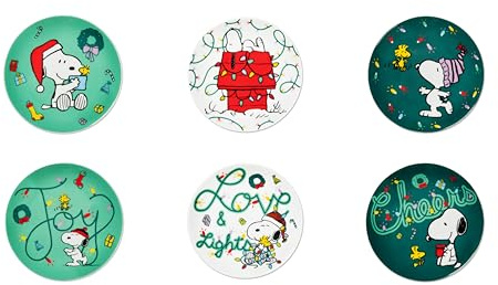 Excelsa Peanuts Shiny & Bright Piatti da Dessert o Antipasto, Set 6 Pezzi, Porcellana, Verde e Bianco, 15 cm, Collezione Natalizia