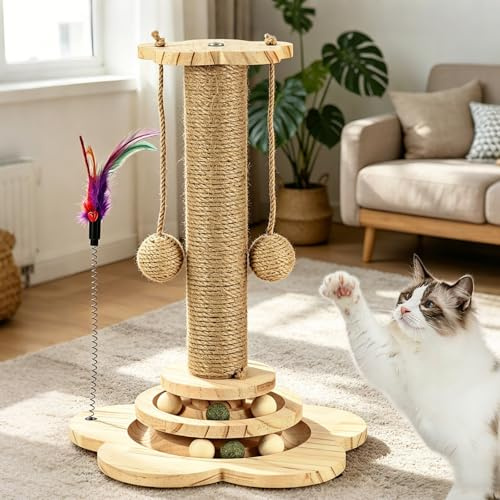 Cat Scratching Post - Sturdy Wooden Cats Scratcher with Sisal Rope Balls, Interactive Track & Spring Feather Scratch Post for Indoor, Kitten Pom Pom Sisal Cat Scratcher Post