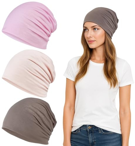 SongBuydn 3 Stück Mütze Damen, Chemo Kopfbedeckung Damen, Dünne Mütze Damen für Yoga und Schlaf, Beanie Mütze, Weiches Material in Beige, Rosa und Khaki