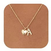 KINHOPI Initial Necklace for Women Girl 14K Gold Plated A-Z Letter & Heart Pendant Necklace Dainty Station Chain Trendy Everyday Personalised Jewellery Gift, Initial A
