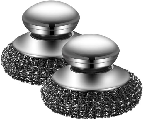 Stainless Steel Scrubber 2Pcs 3.9x2.6in Metal Scourer with Handle Hand Caring Replaceable Kitchen Cleaning Brush for Dishes, Pan, Pot, Stove, Plate