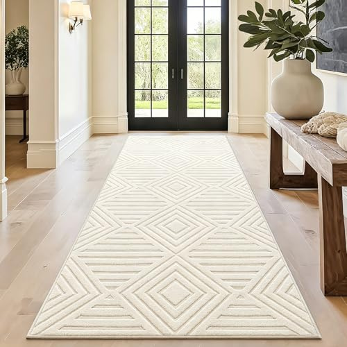 Capslpad Teppich Läufer Flur 80x200cm Creme Modern Waschbar Küchenläufer Teppich 3D Geometrie Hoch Tief Effekt rutschfest Teppiche für Wohnzimmer Schlafzimmer Eingang