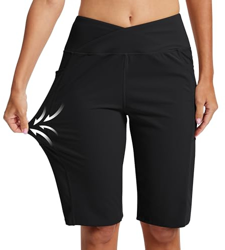MoFiz Damshorts, bermudashorts, knälång, korta byxor, dam, sommar, gym, shorts med fickor, svart, L