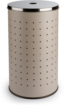 Home4You Wäschekorb mit Deckel und Luftlöchern - Greige, Beige - Edelstahl - 37 L Fassungsvermögen - Ø 29 cm - 54 cm hoch - Wäschetonne Wäschesammler Wäschebox Wäschetruhe