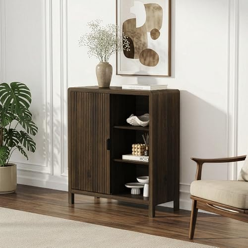 [en.casa] Kommode Lukkodso mit 1 Tür geriffelt Schrank mit 5 Fächern Wohnzimmerschrank Sideboard Aufbewahrungsschrank 82 x 75 x 30 cm Flur Walnussoptik