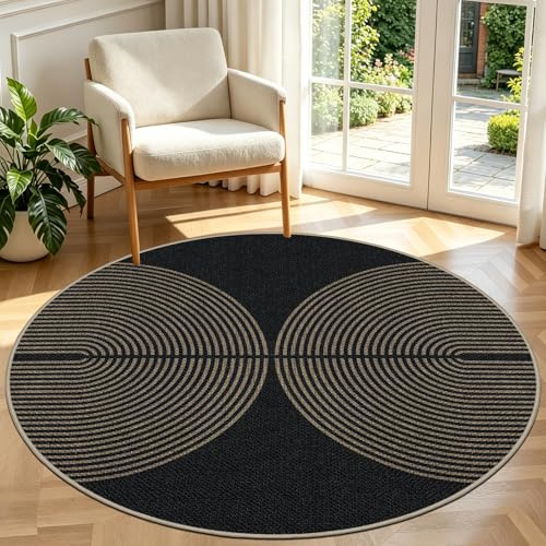 Capslpad Teppich Rund 120cm, Jute Aussehen Outdoor Teppich, Waschbar rutschfest Natürlich Teppiche für Wohnzimmer, Balkon, Terrasse, Küche, Garten, Farbe:Schwarz/Naturfarben