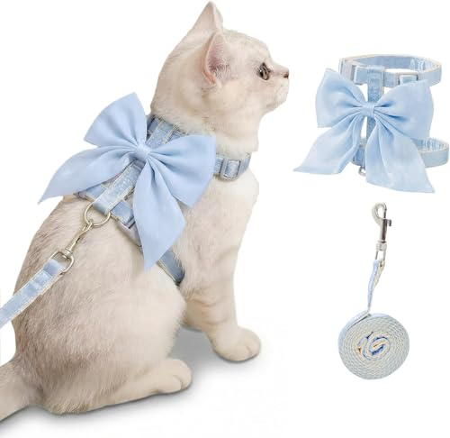 Harnais Et Laisse pour Chat, Noeud Bleu Harnais pour Chat, Harnai pour Chats Anti Evasion, Convient Aux Promenades en Extérieur, pour Les Chats Pesant de 1-3,5 KG (Bleu S)