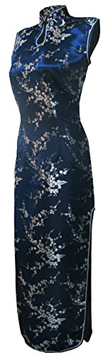 7Fairy Women's VTG Navy Blue Keyhole Long Cheongsam Chinese Dress Size 2 US