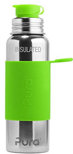 Pura Sport Edelstahl isolierte Sportflasche mit Silikon Sleeve und Big Mouth Sport Trinkverschluss 600 ml, plastikfrei Gruen