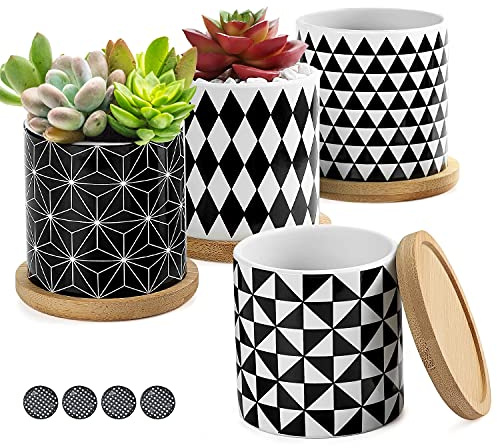 Coolty 4pcs Pot à Succulents en Céramique, Pots de Fleur Géométrie, Pot de Cactus avec Trou de Drainage, Coussin en Maille et Plateau en Bambou, Idée Cadeau Unique