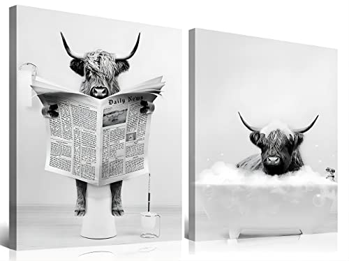 APOXYO 2 Stück Badezimmer Bilder Mit Rahmen,Hochland Kuh Wandkunst,Schwarz Weiß Leinwand Bild,Badezimmer Dekor Wandbilder,30 x 40 cm
