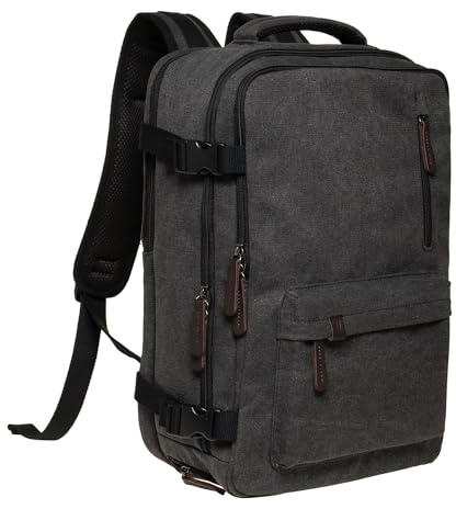 KAUKKO Canvas 40 l reseryggsäck, vänlig handbagage ryggsäck resa ryggsäck för 15,6 tum bärbar dator, flyg godkänt ombordbagage vattenavvisande kabinryggsäck för resor helresa, Svart [fh11], Ryggsäck