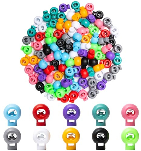 Rebanky 100 Pcs Bunte Kordelstopper 1 Loch 8mm Kordelklemme Rund Kunststoff | Kordelenden Stopper Federschnurschlösser mit Ende Feder Toggle Stopper für Schnürsenkel Kleidung Rucksack,10 Farben