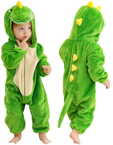 COOKY.D Vignetta di Flannel per Bambini Agganciata alla Cerniera Lampo Lampo per Bambini Vestiti da Gioco per Bambini Femmine Jumpsuit,Dinosauro Verde da 18-24 Mesi