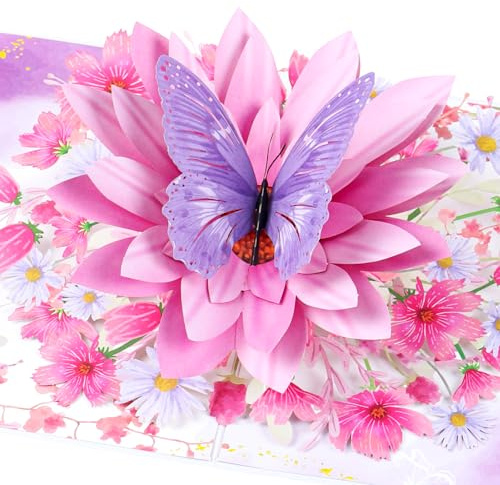 Ghope Carte d'Anniversaire 3D Pop Up Cartes de Voeux Papillons sur Fleurs avec Enveloppe pour Femme, Amie & Mère (Bon rétablissement, Merci, Anniversaire de Mariage)