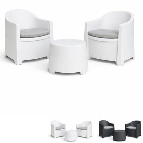 PALUPLUS Set Salottino da Giardino per 2 Persone, Composto da: 2 poltrone ed 1 tavolino, Cuscini per comoda Seduta, per Interno ed Esterno -LUN8002F (Bianco)