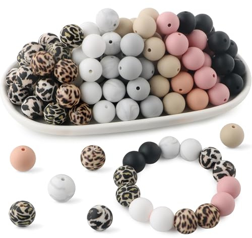 UNOZAVER 70 Stück Silikonperlen, 15 mm Bunte Bastelperlen für Schlüsselanhänger, Halsketten und Armbänder Herstellung (Klassisch-1)
