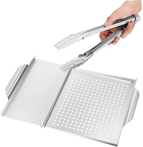 Gatuida Grillplatte Edelstahl Mit Löchern Zum Vorbereiten Und Servieren Von Lebensmitteln Für Outdoor-grill Inklusive Lebensmittelzange Für Müheloses Grillen Und Servieren