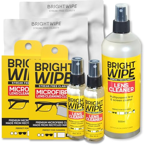 BRIGHTWIPE Lens Cleaner Spray Kit (500ml + 2x60ml), 2x Microfibre Glasses Cloths – Streak-Free, Quick-Drying Cleaning for Eye Glasses, Spectacles, Screens & Phones – Safe for All Lenses