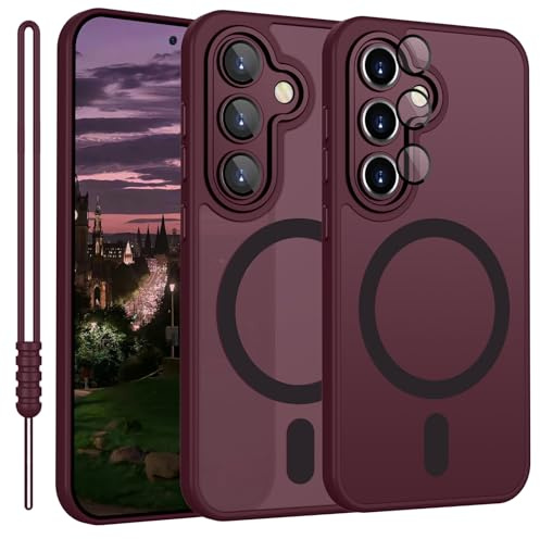 YUANDMI für Samsung Galaxy S24 Hülle kompatibel mit MagSafe, Handyhülle für Samsung Galaxy S24 Magnetisch Matte Touch Kameraschutz, rutschfest Kratzfest Schutz Stoßfest Hülle Dunkel Rot