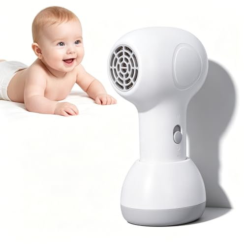 Secador de pelo de bebé inalámbrico, 2 velocidades de bajo ruido recargable secadora de cuerpo completo secador de pelo de viaje suave para el pañal del cabello y el cuerpo (Blanco + gris)