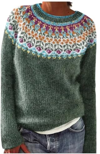 Générique Pull Norvégien Femme en Laine Grande Taille Pulls Femme Sweatshirts Sweat sans Capuche Et Elegant Pullover Jacquard Pull Islandais Hiver Chaud Col Rond Noël Sweater (D-Green, M)