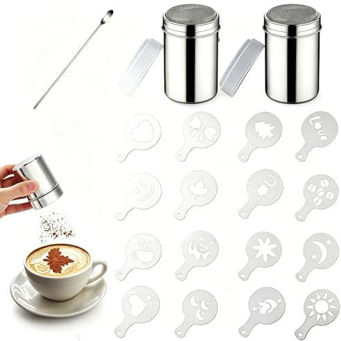 Aiyraa 16 Kaffeeschablonen für Latte Art, 2 Edelstahl Puderstreuer mit Deckel, 1 Latte Art Stift - Backschablonen Set mit feinem Sieb für Cappuccino (19 Kaffee-Schablonen Komplettset)