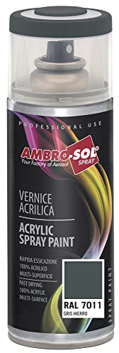 Ambro-Sol V4007011 Smalto Acrilico Multiuso, Vernice Brillante per Interni ed Esterni, Adatto per Qualsiasi Tipo di Materiale, Bomboletta Spray in Banda Stagnata Riciclabile 400 ml, Grigio Ferro