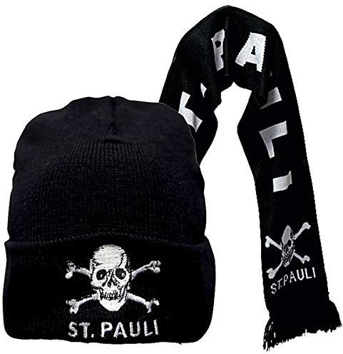 FC St. Pauli 2-teiliges Kombi-Set Mütze & Schal Totenkopf klassisches Motiv - schwarz weiß