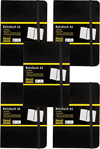 Idena 209282 - Notizbuch DIN A6, kariert, Papier cremefarben, 192 Seiten, 80 g/m², Hardcover in Schwarz (Notizbuch, 5x DIN A6)