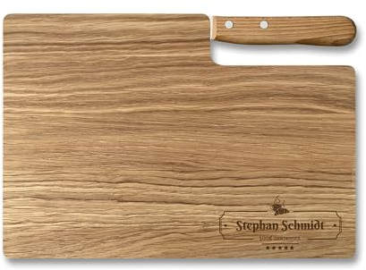 LOOXIS Planche à découper premium personnalisée avec couteau à bosse, nom et texte gravés - Bois de chêne, 26x15cm (Idée de cadeau pour femmes, hommes, emménagement, Saint-Valentin) Motif 2