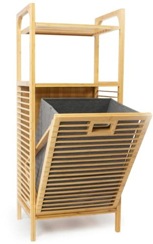 osoltus Edge Wäschesortierer - Bambus Bad-Regal mit ausklappbarem Wäschekorb - Wäsche-Schrank - Bad-Organizer - Wäsche-Sortiersystem - 40x30x90 cm