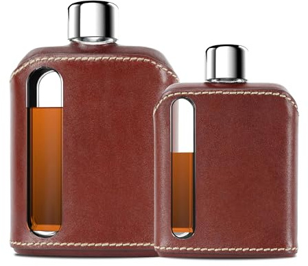 Ragproper Flachmann-Set aus Lederglas – langlebige Whiskey- und Likörflaschen für Männer und Frauen, Single Shot 100 ml + Double Shot 226.8 g (240 ml), Premium-Echtleder, idealer Glasflasche