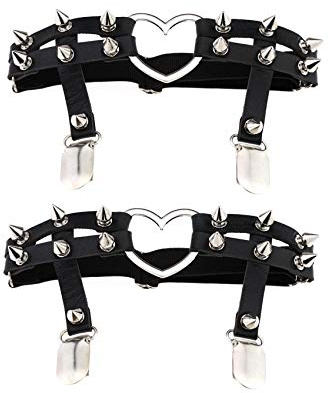 alisikee 2pcs Adjustable Heart-Shaped Leg Garter with Anti-Slip Clips, Elastic Gothic Thigh Ring Garter for Women, Black, One Size