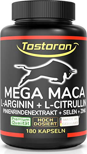 Tostoron MEGA MACA hochdosiert mit MACA Wurzel Pulver Extrakt 50:1-180 Kapseln + L-Arginin, L-Citrullin, Pinienrinde, Selen, Zink, 1 Dose (1x145,2g)