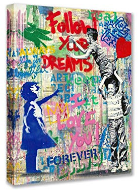 Banksy Toile murale encadrée à suspendre pour décoration murale d'intérieur Motif garçon et fille 30,5 x 40,6 cm