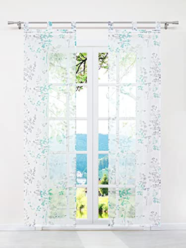 ESLIR Schiebegardinen Voile Flächenvorhänge Set 2er Gardinen mit Schlaufen Schiebevorhang Transparent Vorhang mit Blätter Muster Grün BxH 57x145cm 2 Stück