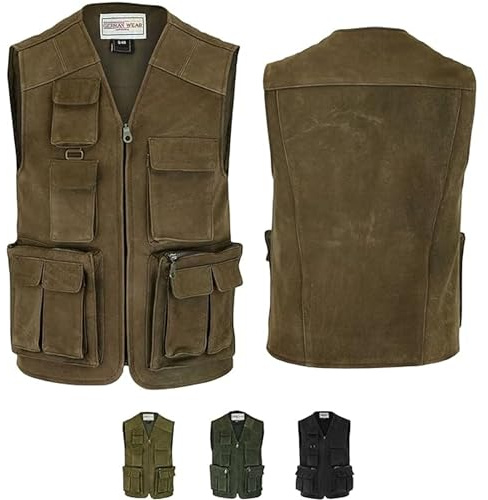 German Wear Herren Jagd Lederweste Jagdweste aus Nubuckleder - Freizeit 9-Taschen Angelweste - Outdoor Camping Multi-Taschen Angler Weste - Multifunktionsweste Tarnweste Dunkelbraun - 60