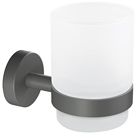 tesa Moon Grey Zahnputzbecher aus satiniertem Glas mit Halter, matt grau - für Bäder im Industrial Style und Moderne Badezimmer - bohrfrei, inkl. Klebelösung - 70mm x 96mm x 109mm