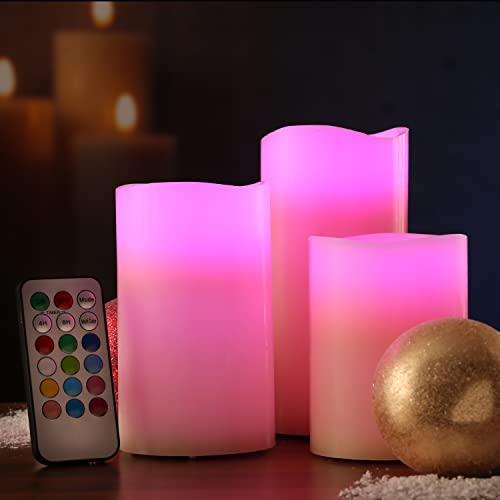 MARELIDA LED Kerzenset Multi - Echtwachs - D: 7,5cm - Farbwechsel - Fernbedienung - Timer - Creme - 3er Set