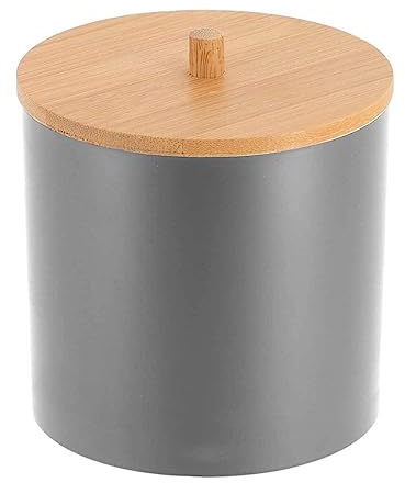 Tendance - Boite à Coton et Coton Tiges PS Gris Couvercle Bambou - Gris/Bambou - Salle de Bain - Accessoire Salle de Bain à Poser
