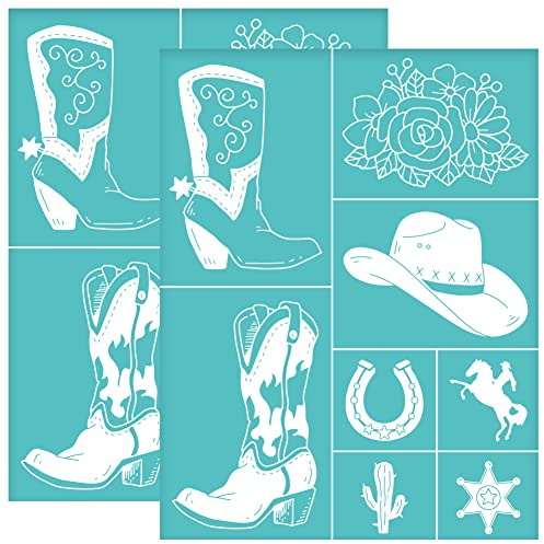 OLYCRAFT 2 Stück Selbstklebende Siebdruck Schablonen Western Cowboy Stiefel Siebdruck Schablonen Wiederverwendbare Hut Pferd Netz Transferschablone Zum Malen Auf Holz T-Shirts Taschen - 22x28 cm