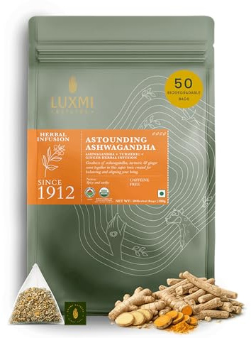 Luxmi Estates Ashwagandha Turmeric | Organic Adaptogen Tea | Stress Relief & Immunity Support | 50 Biodegradable Tea Bags | 100g/3.52oz