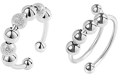 2pcs Bague Anti Stress Femme Argent, Fidget Bague Anxiété Rotative, Bague Ouverts Reglables, Cristal Spinner Anneaux Anti Stress Ensemble pour Relaxation Femme Fille Homme