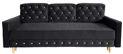 Ares Meble Lux Schlafsofa Mit Bettkasten - Glamour Relaxsofa 3 Sizer - Wohnlandschaft Mit Schlaffunktion - Samt Wohnzimmer Schlafcouch Ausziehbar - 220 x 100 cm - Schwarz