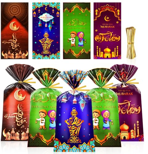 DPKOW 120 Stk Eid Mubarak Tüten Ramadan Geschenktüten, Ramadan Kareem Zellophantüten Eid Mubarak Geschenktüte, Bayram Geschenke Tüten Islamische Muslimische Geschenktüten zum Befüllen Ramadan Deko